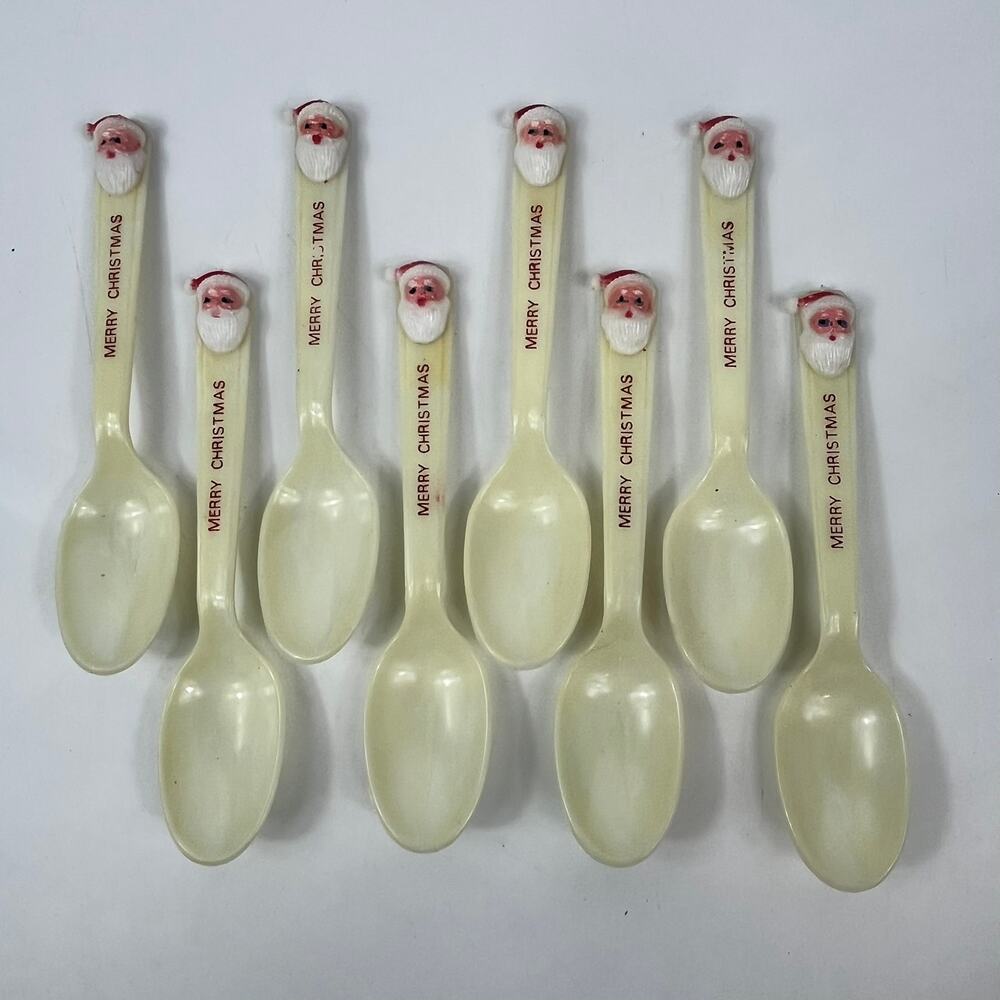 Vtg Hong Kong Plastic Santa Christmas Spoons x8 Merry Holiday Decor 60s Novelty